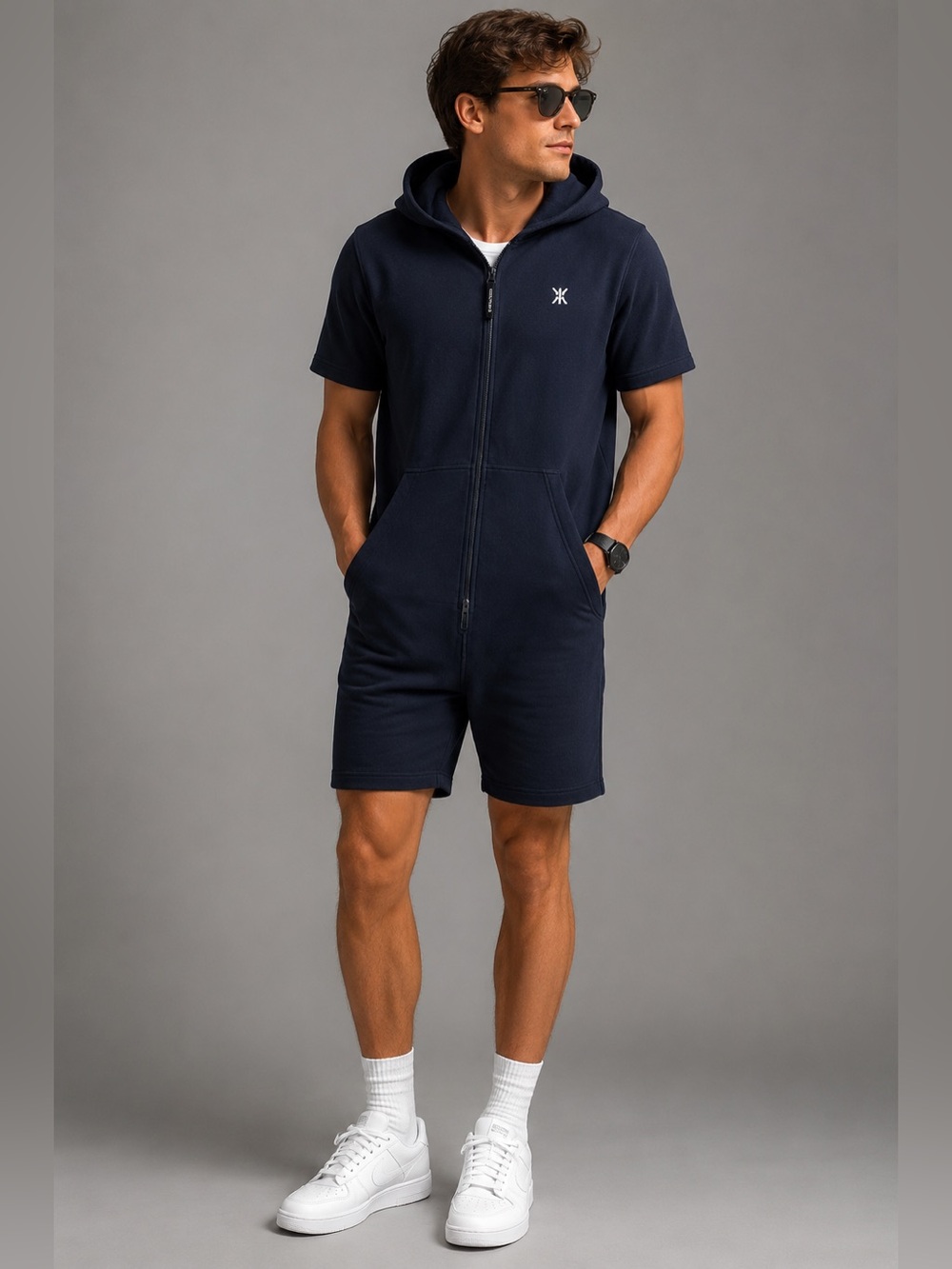 One Piece Original Short Navy Hooded Short Sleeve Hooded Jumpsuit Size Medium